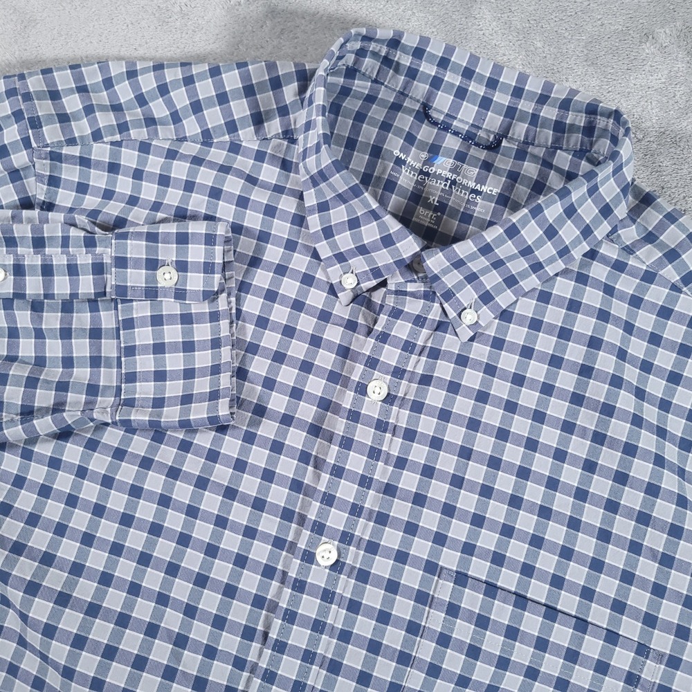 Vineyard Vines Shirt Mens XL Blue On-The-Go Performance Gingham Button Down Brrr
